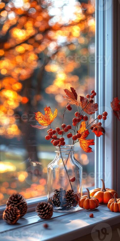 Autumn leaves in glass vase with pumpkins and pine cones on window sill photo
