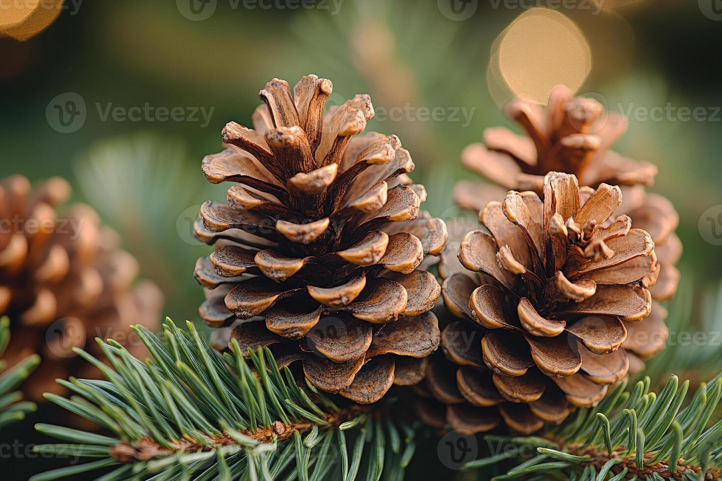 Pine cones hanging from a pine tree branch photo