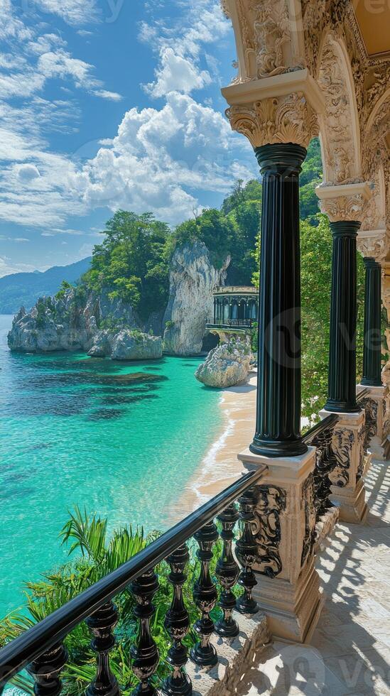 Luxurious balcony overlooking tropical island paradise with turquoise water photo