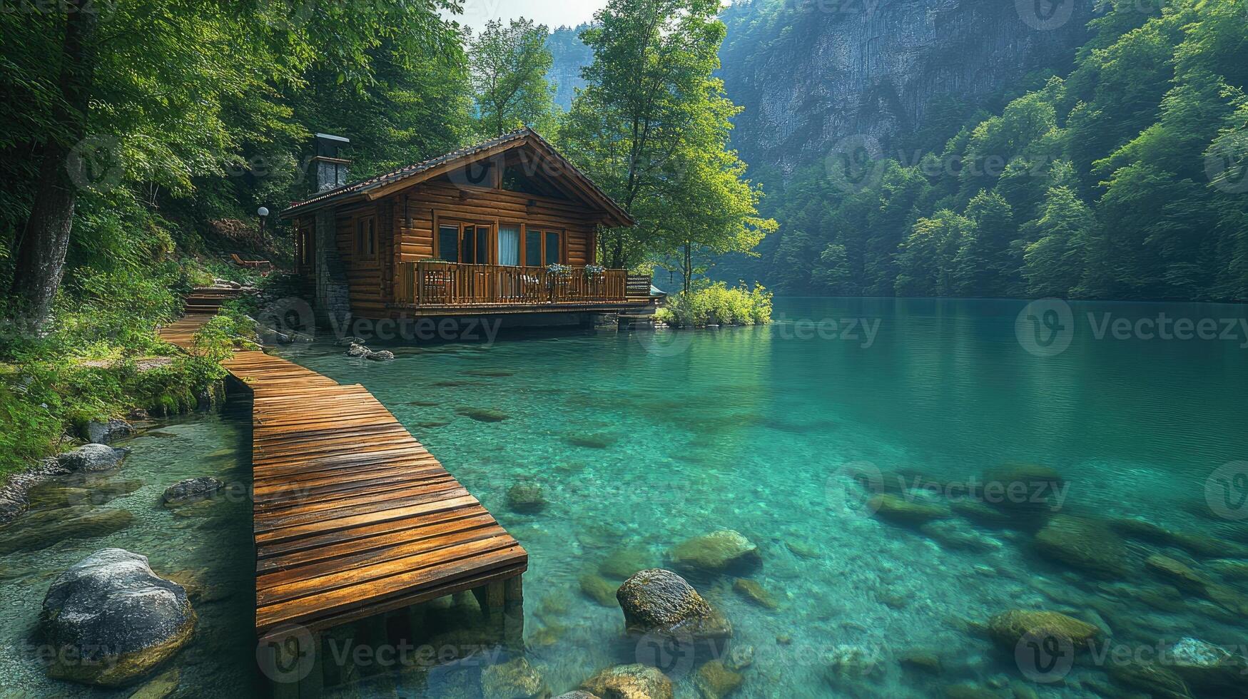 Wooden cabin with dock extending onto serene mountain lake photo