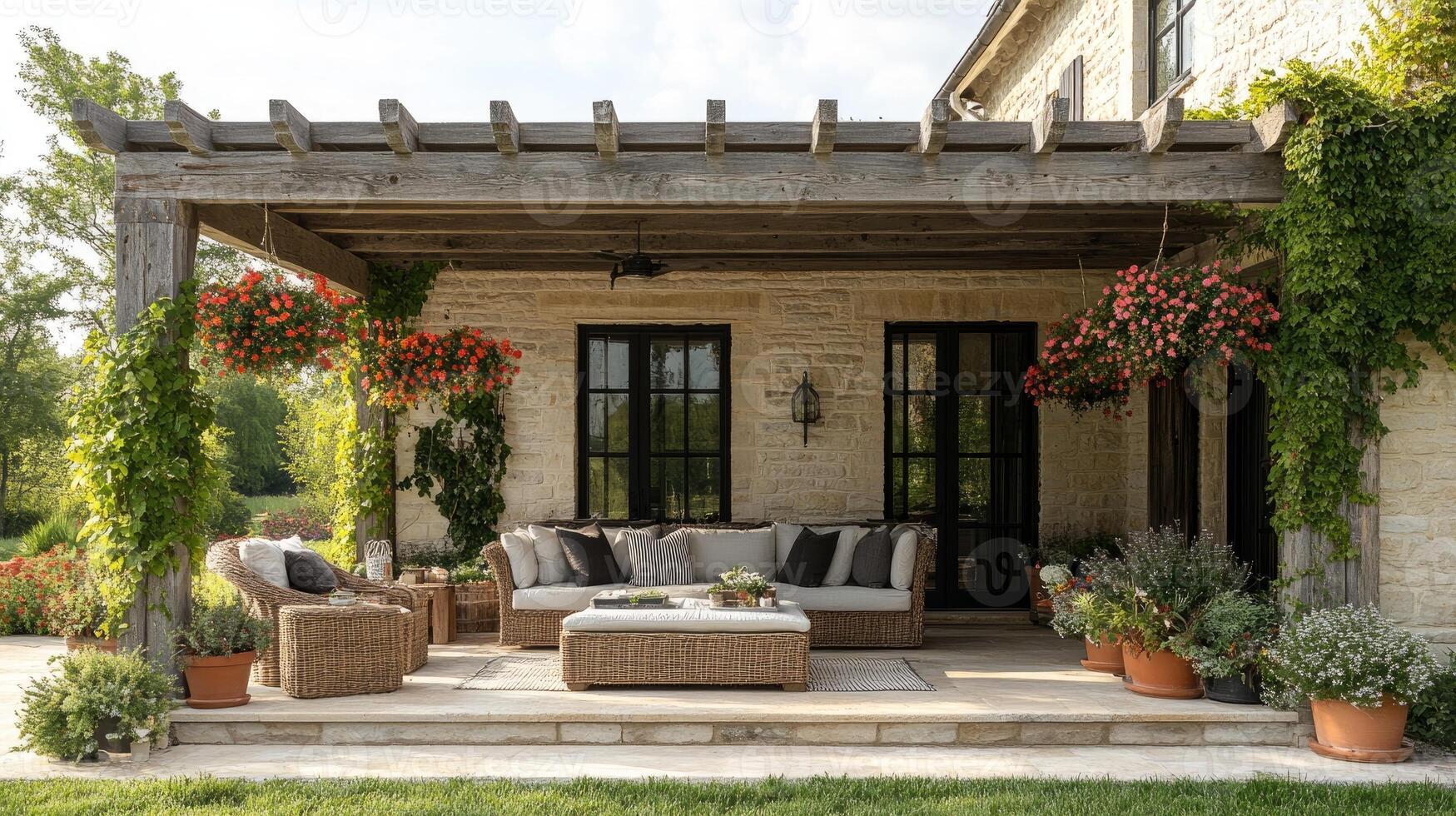 Beautiful covered patio with hanging flower baskets decorating a white brick house photo