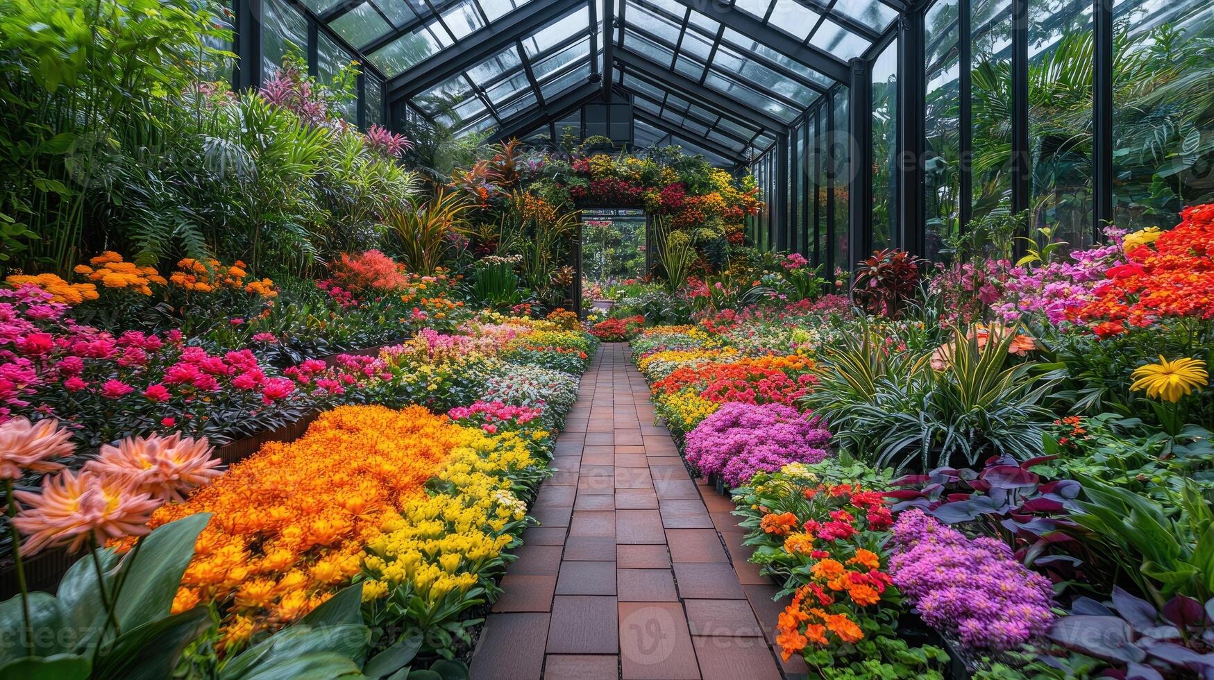 Cobblestone path winding through a lush garden bathed in sunlight photo