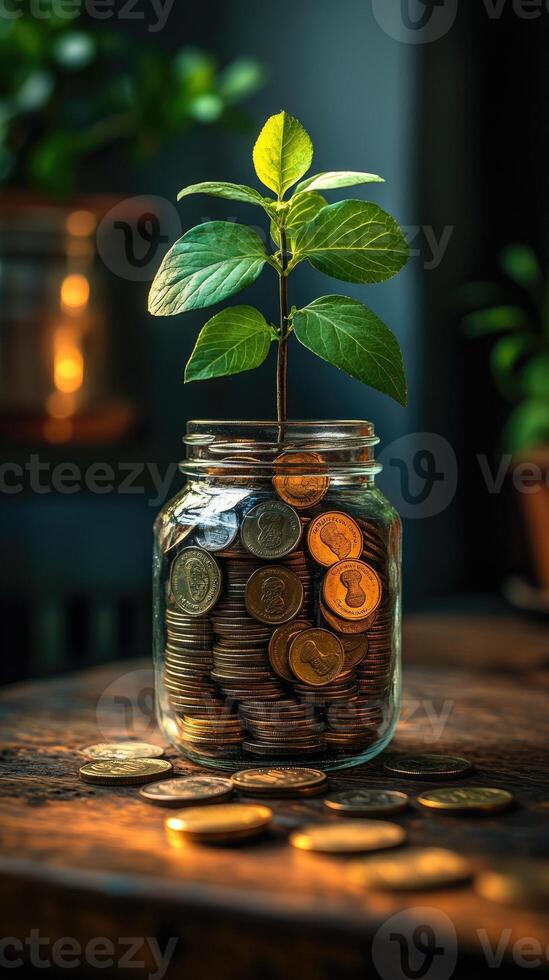 Small tree growing from coins in glass jar symbolizing investment photo