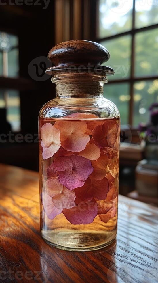 Glass bottle filled with essence, oil or perfume. photo