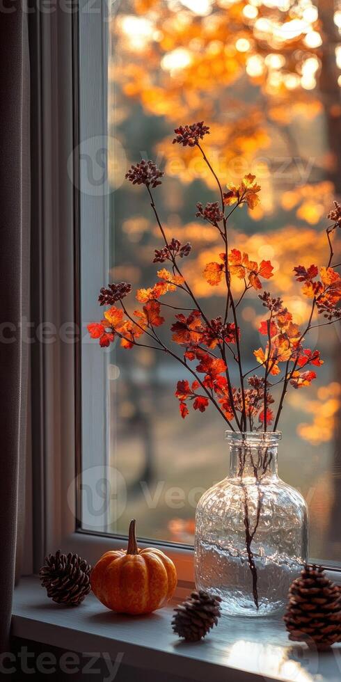 Autumn leaves in glass vase with pumpkins and pine cones on window sill photo