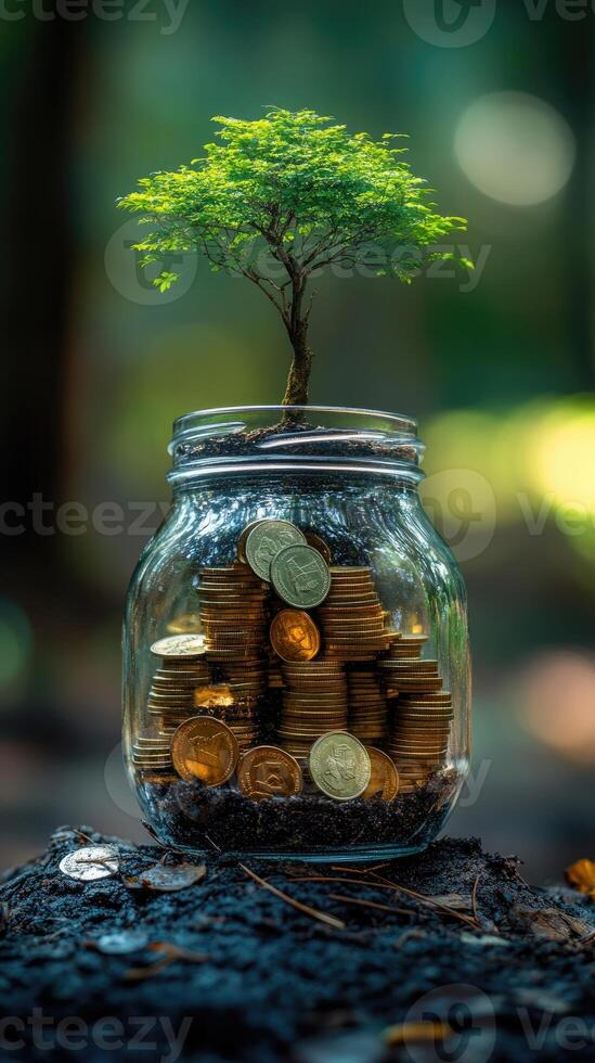 Small tree growing from coins in glass jar symbolizing investment photo