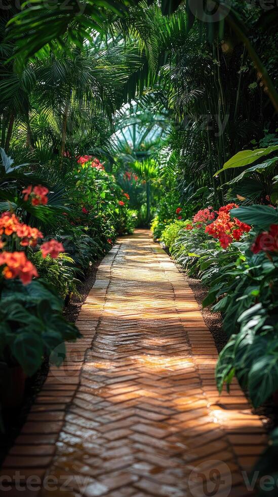 Cobblestone path winding through a lush garden bathed in sunlight photo