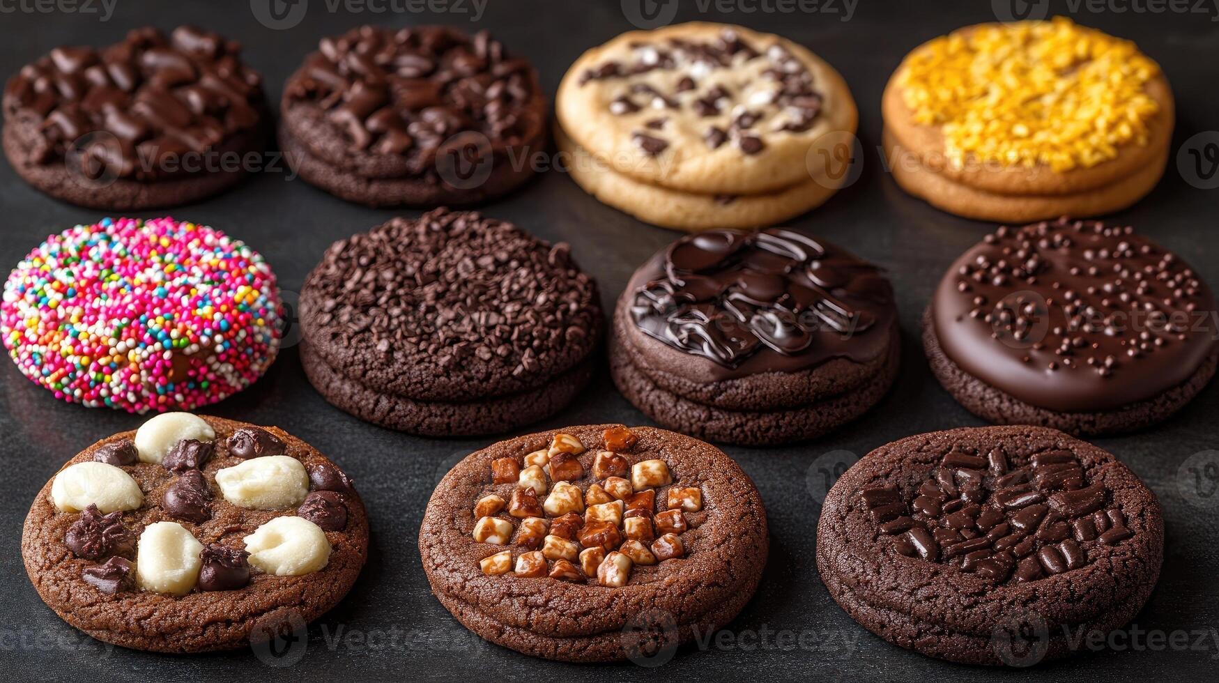 Delicious freshly baked cookies with various toppings in a box photo