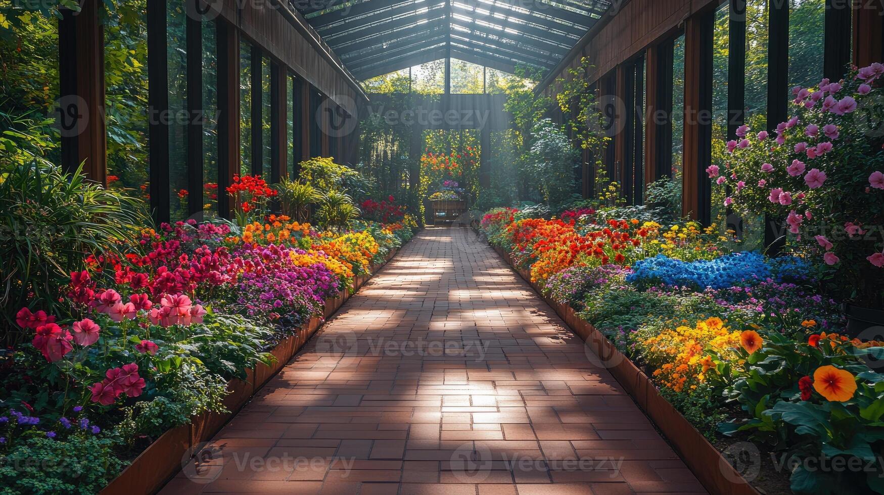 Cobblestone path winding through a lush garden bathed in sunlight photo