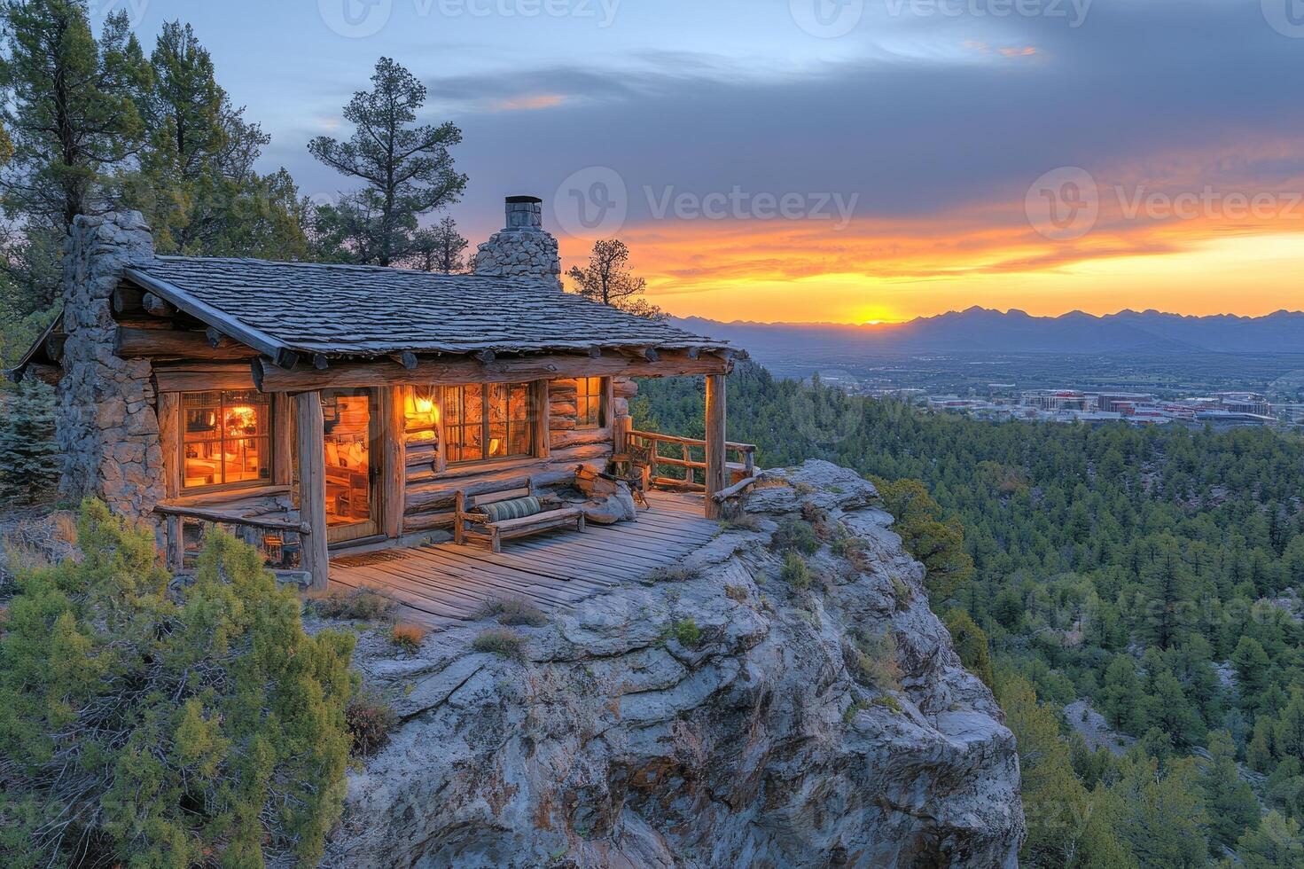 Rustic log cabin perched on a mountain cliff at sunset photo
