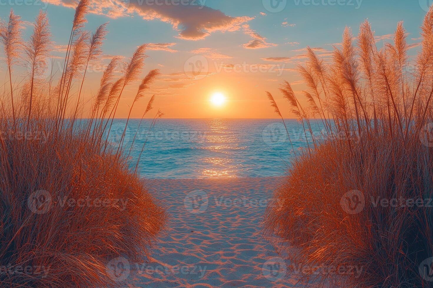 Path through dune grass leading to ocean sunset on the beach photo