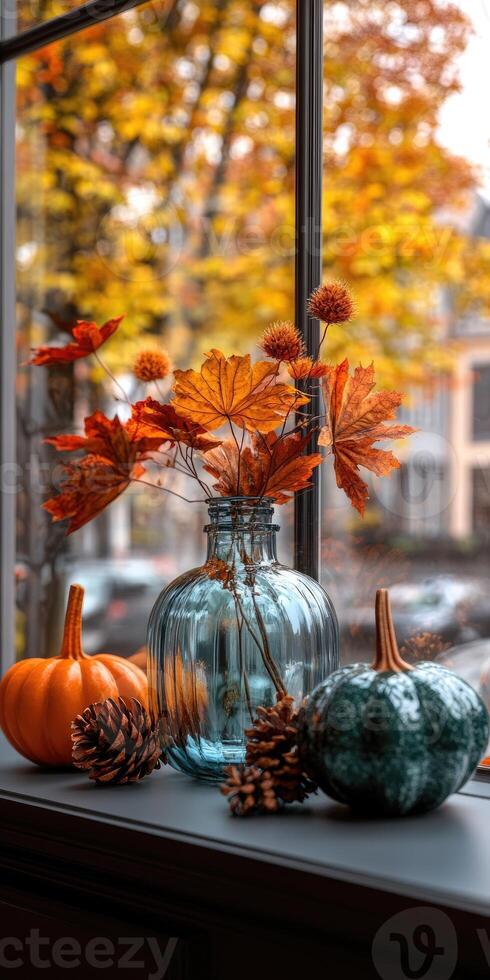 Autumn leaves in glass vase with pumpkins and pine cones on window sill photo