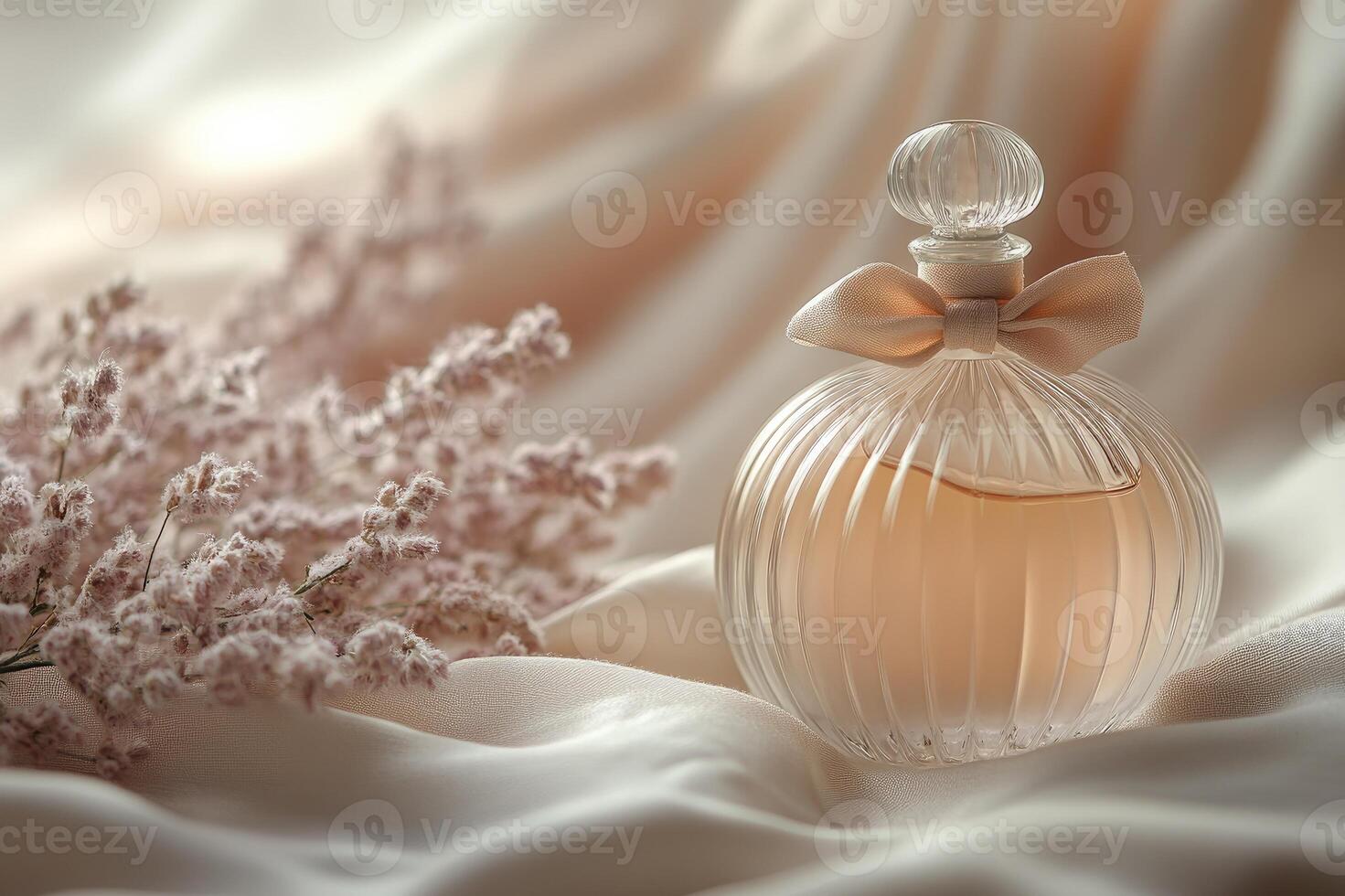 Elegant perfume bottle sitting on dressing table in modern apartment photo