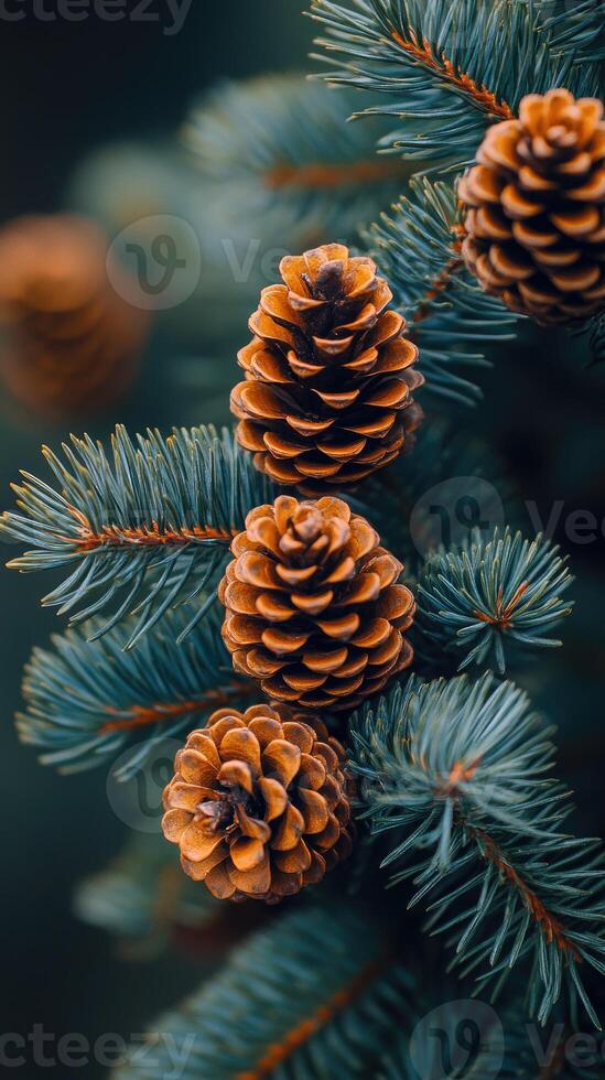 Pine cones hanging from a pine tree branch photo