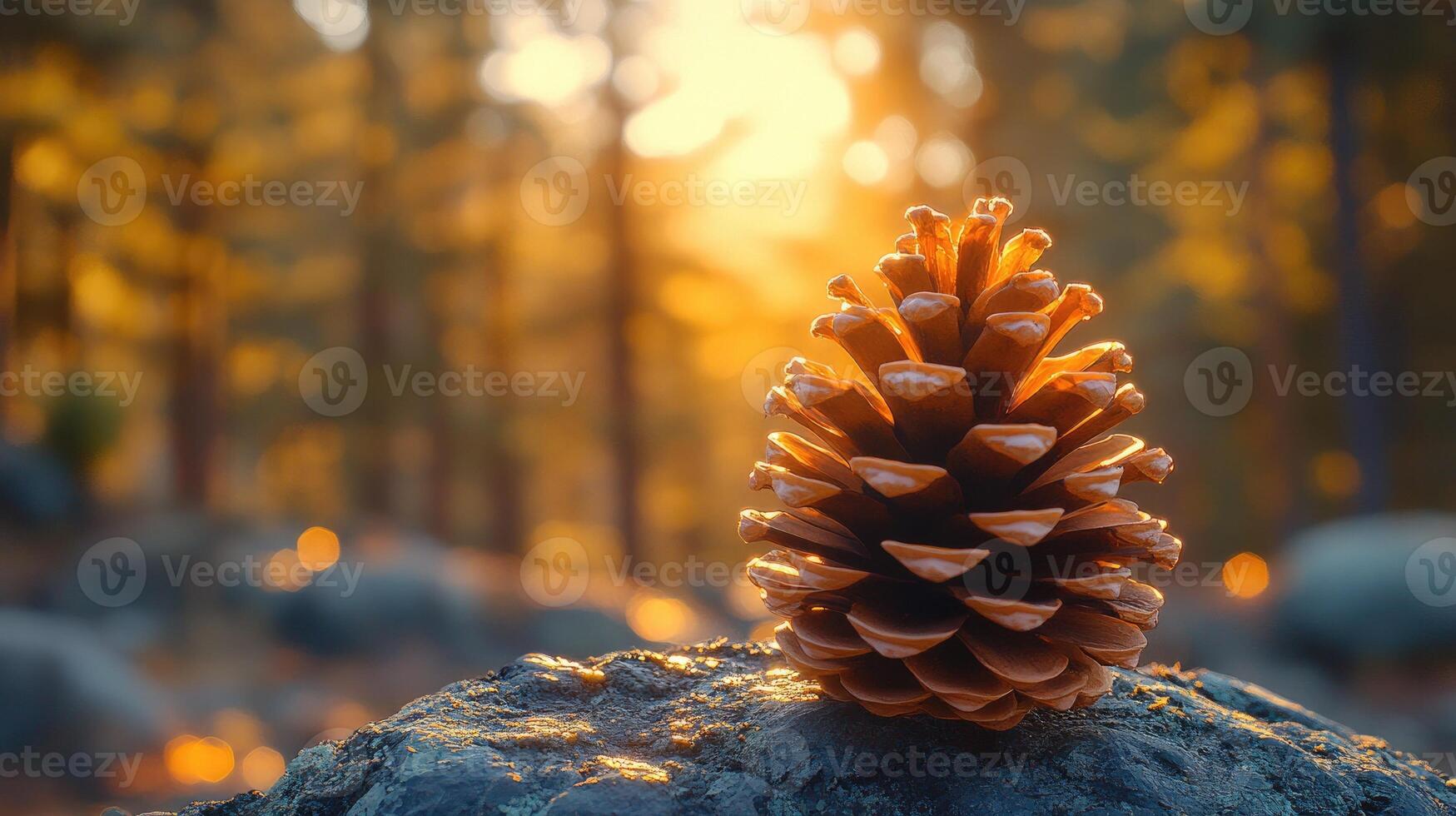 Pine cone resting on frosty autumn leaves at sunset photo