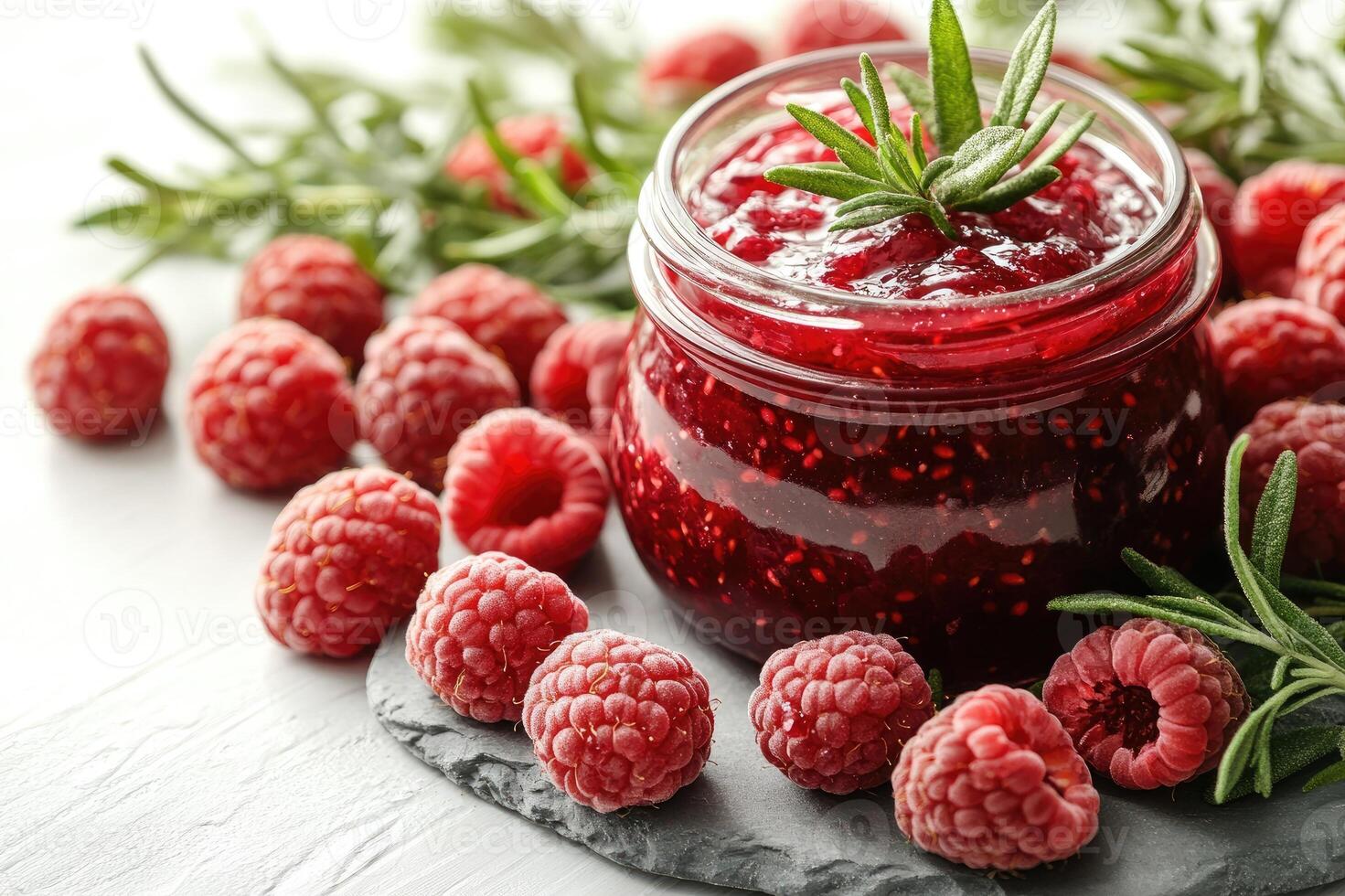 Raspberry jam with fresh raspberries and rosemary sprigs on white rustic table photo