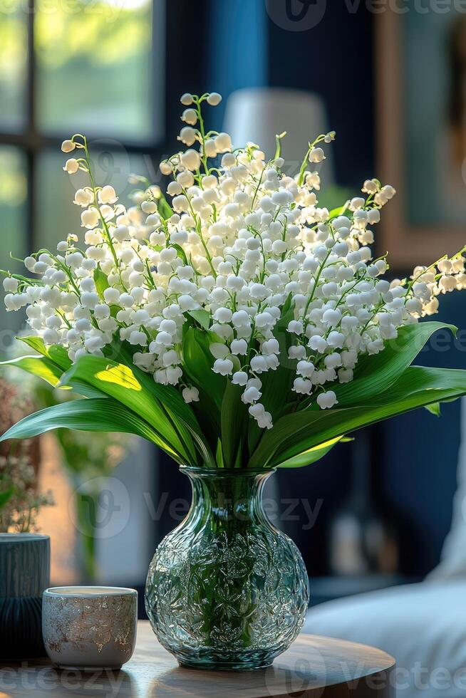 Bouquet of lily of the valley flowers bringing spring inside a cozy home photo