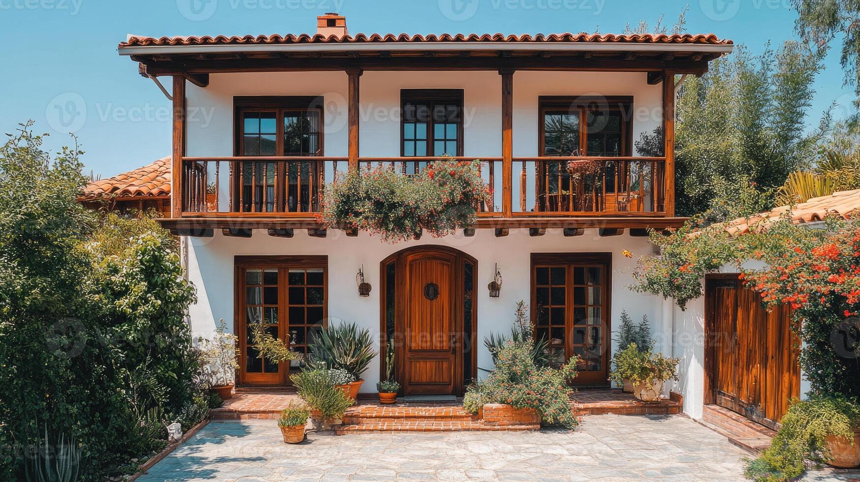 Beautiful mediterranean house with swimming pool is bathed in morning sunlight photo
