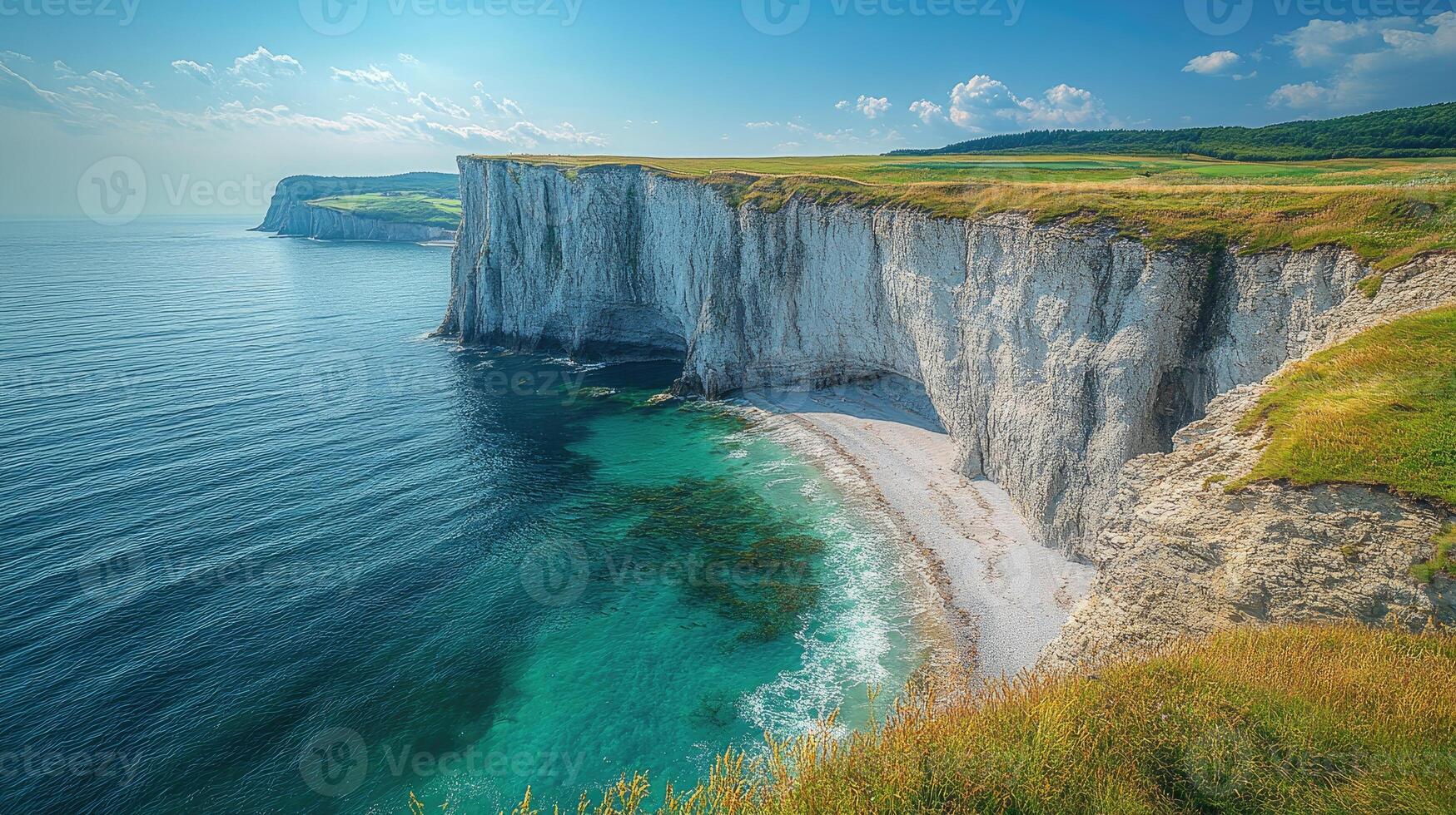 Turquoise water crashing on secluded beach below green cliffs photo