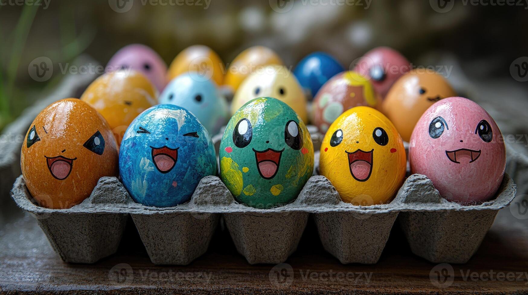 Ten colorful pokemon easter eggs smiling in a carton photo