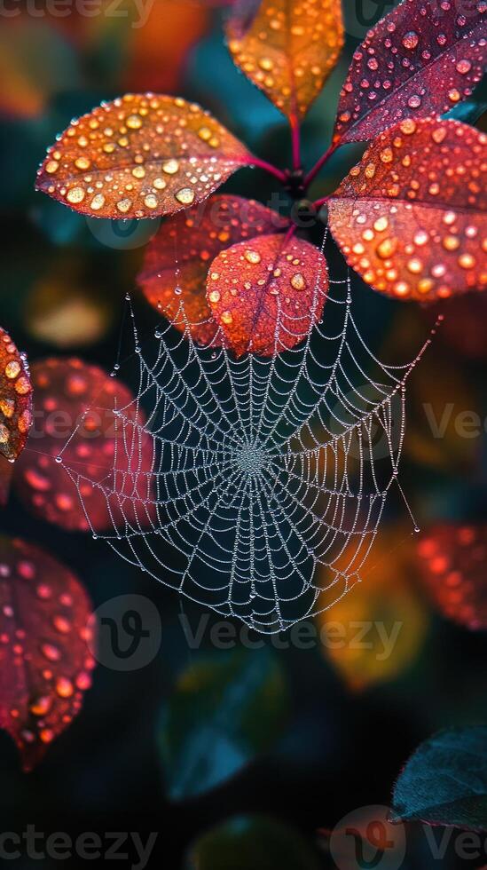 Spider web covered with dew drops hanging on autumn leaves photo