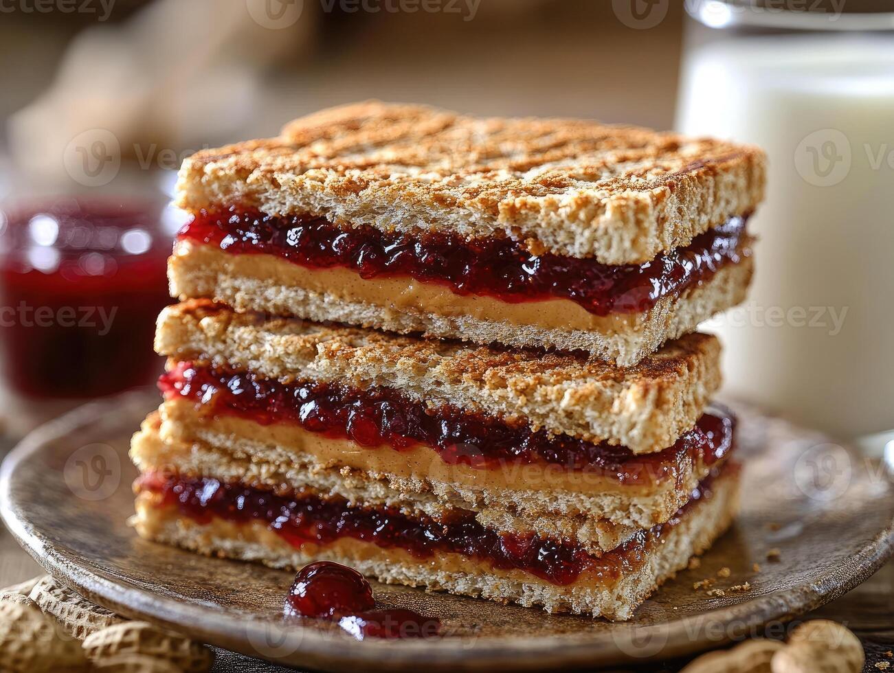 Stack of toasted sandwiches with peanut butter and jelly filling photo