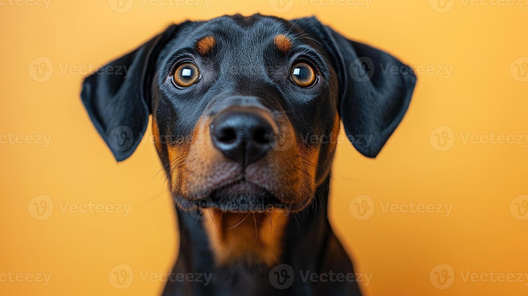 Beautiful doberman dog posing on yellow background photo