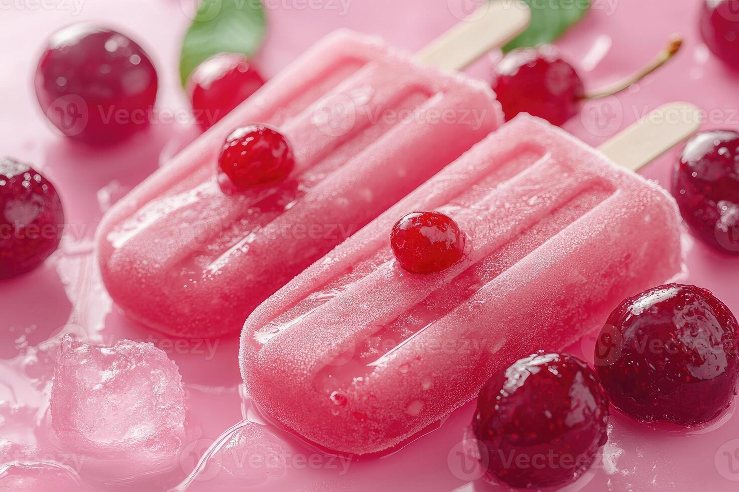 Cherry ice cream pops lying on pink background with cherries photo
