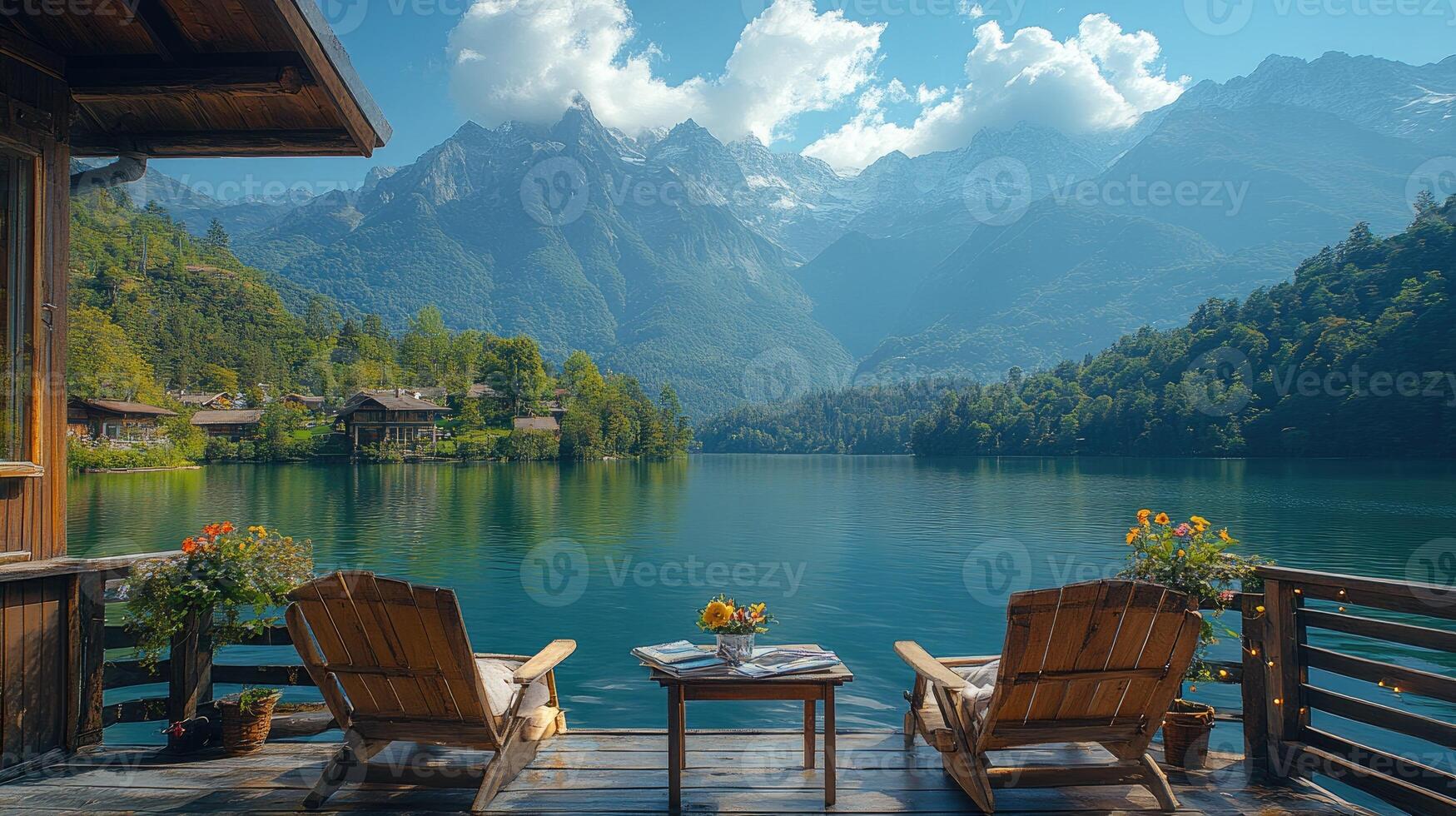 Wooden chalet overlooking a pristine lake with majestic mountain views photo