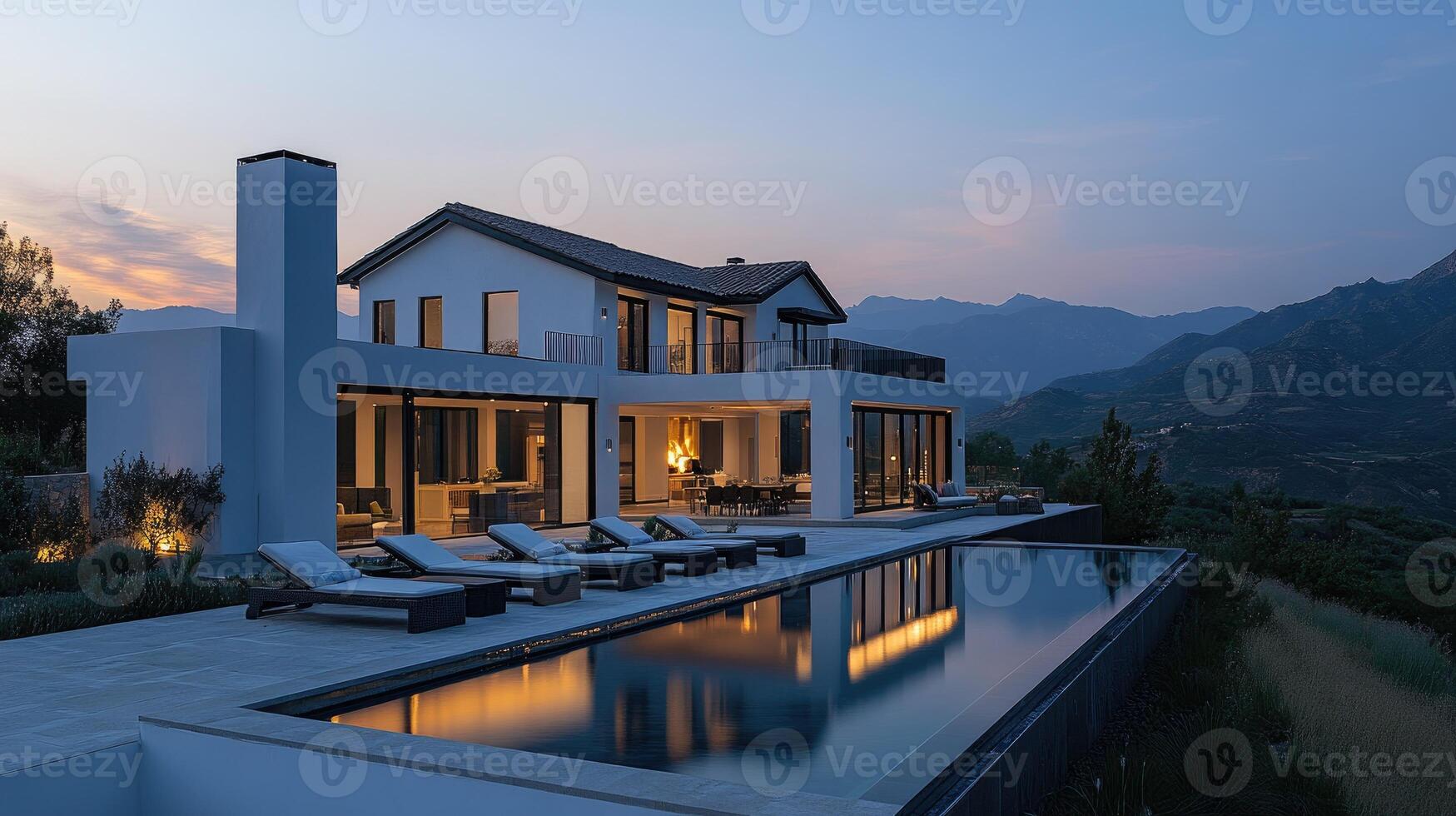 Beautiful luxury home with infinity pool reflecting milky way galaxy photo