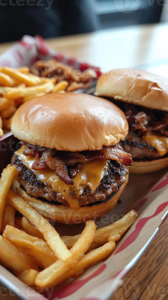 Three delicious gourmet sliders being served on a wooden platter photo
