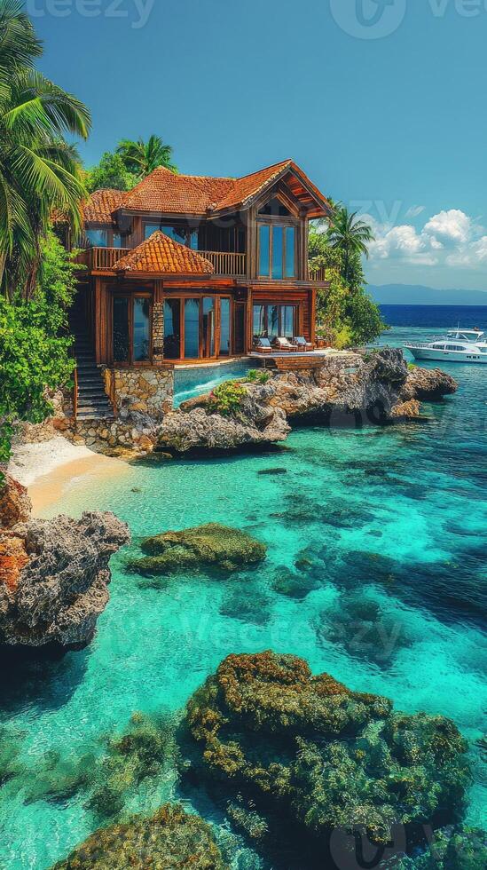 Luxurious wooden villa overlooking turquoise ocean waters in tropical paradise photo