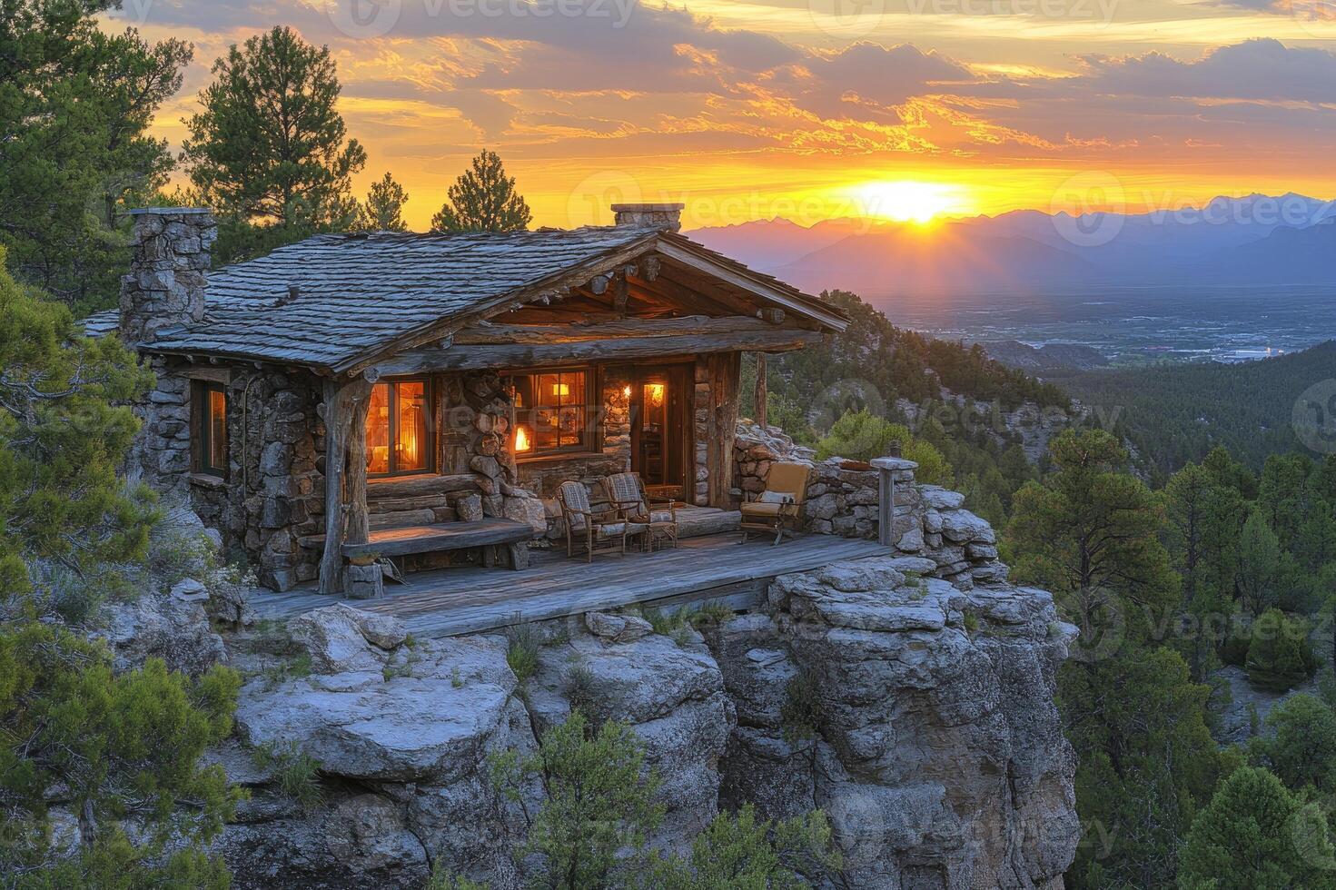 Rustic log cabin perched on a mountain cliff at sunset photo