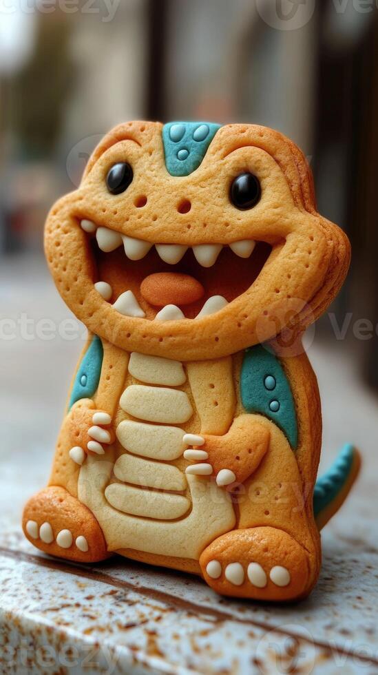 Smiling dragon shaped cookie baking on marble countertop photo