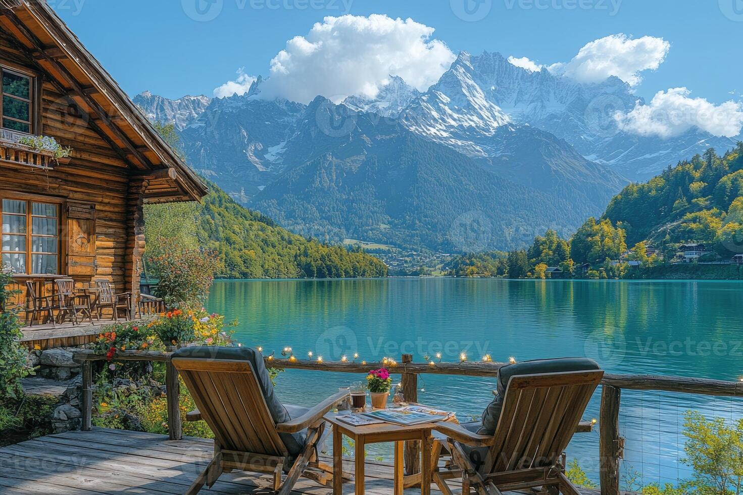 Wooden chalet overlooking a pristine lake with majestic mountain views photo