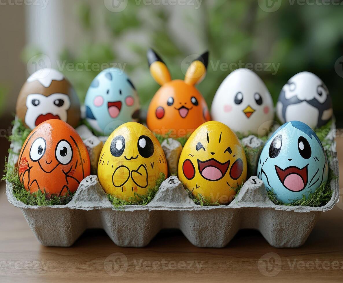 Colorful pokemon easter eggs resting in carton on bed of green moss photo