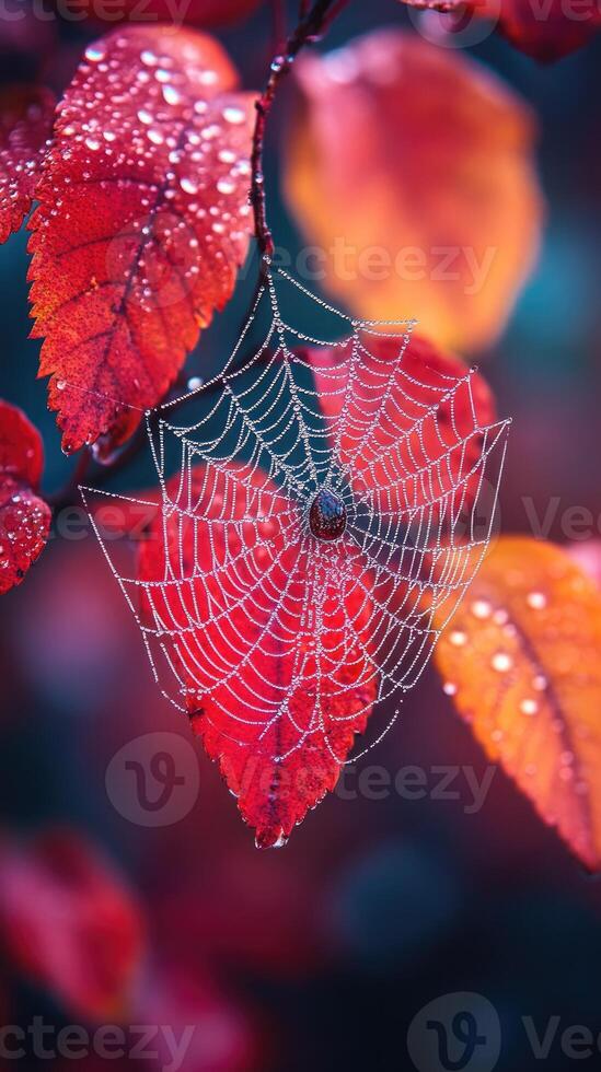 Spider web covered with dew drops hanging on autumn leaves photo