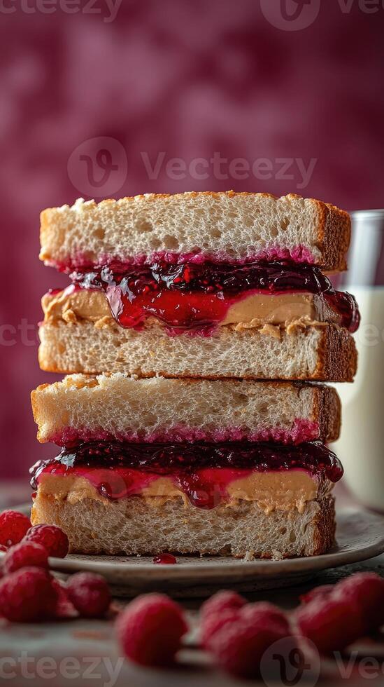 Stack of toasted sandwiches with peanut butter and jelly filling photo