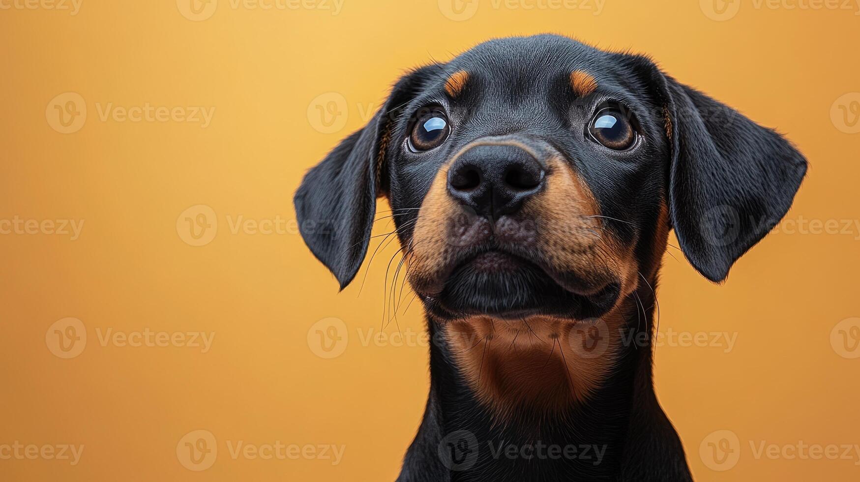 Beautiful doberman dog posing on yellow background photo