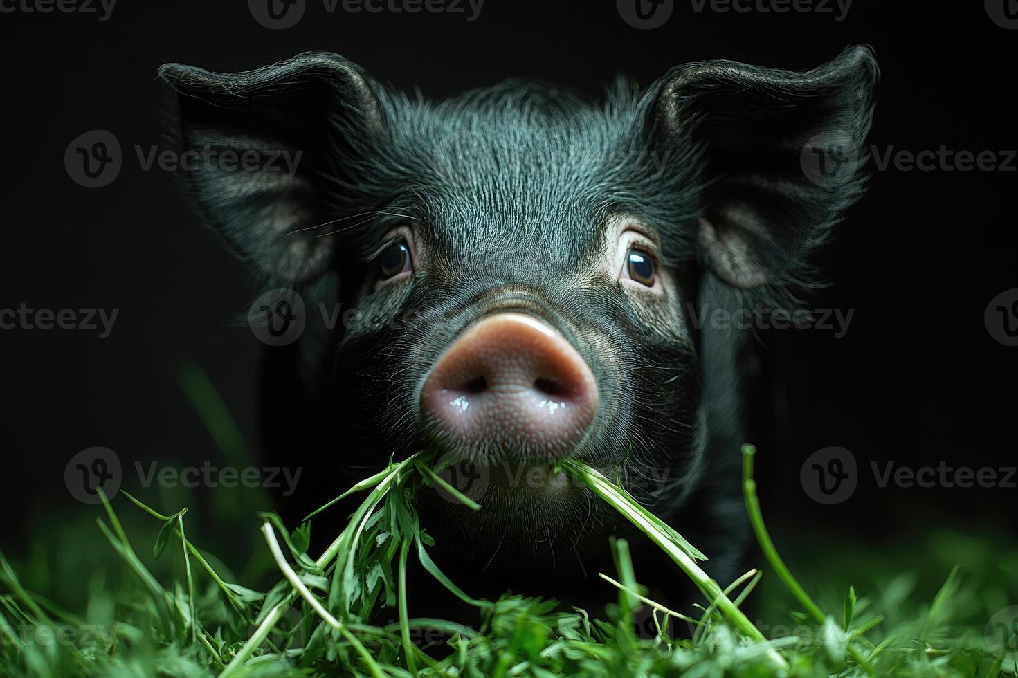 Black piglet enjoying fresh grass on black background photo