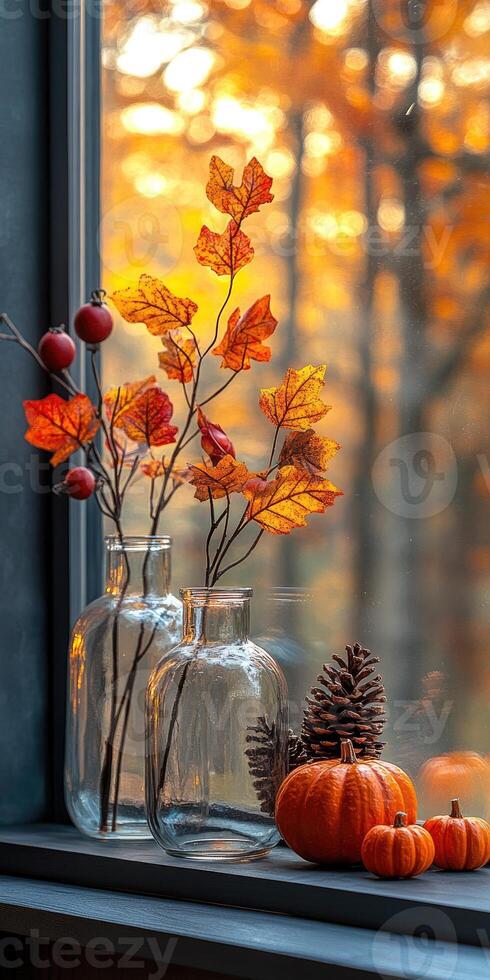 Autumn leaves in glass vase with pumpkins and pine cones on window sill photo