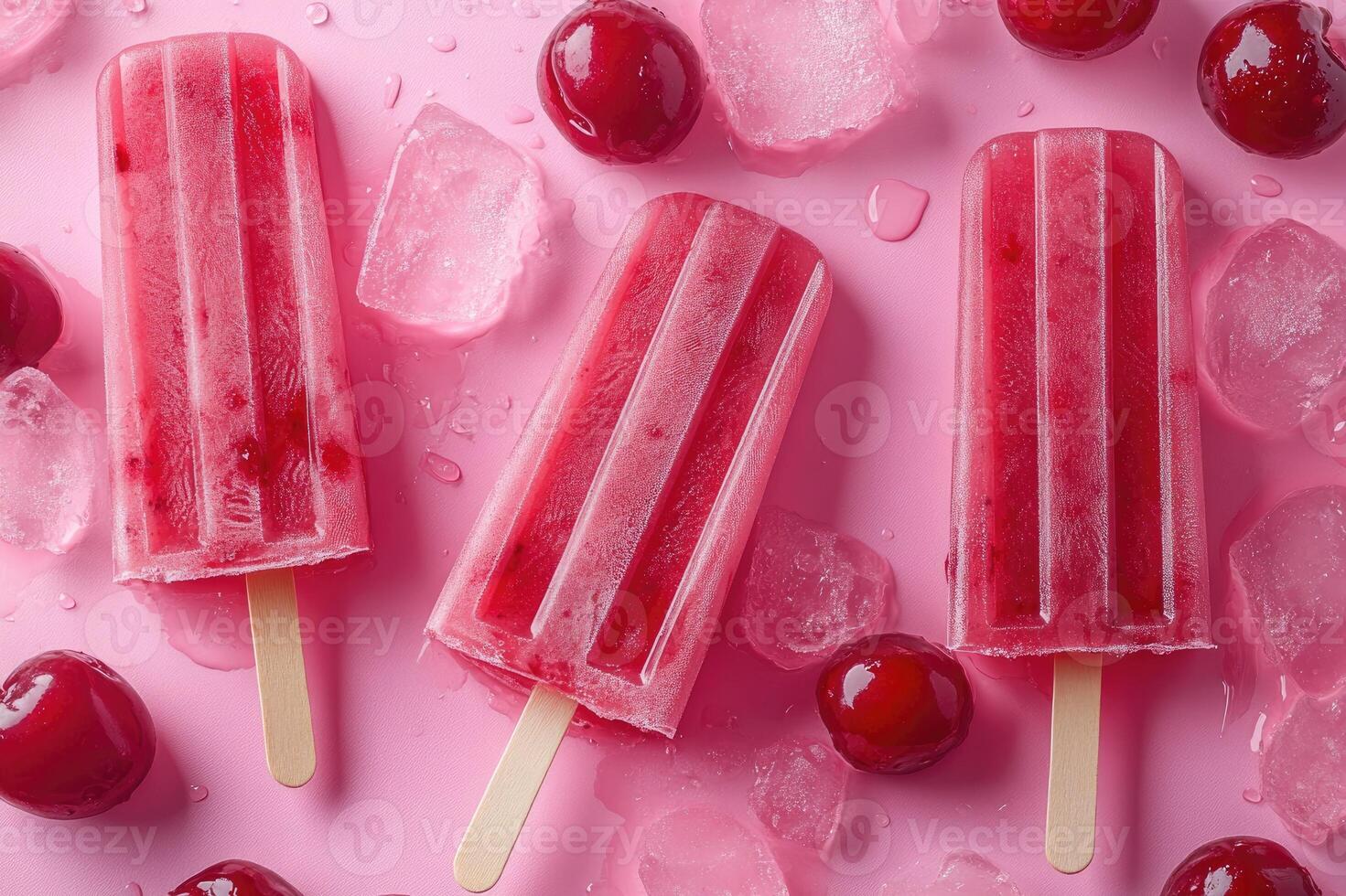 Three cherry ice cream pops lying on pink background with cherries photo