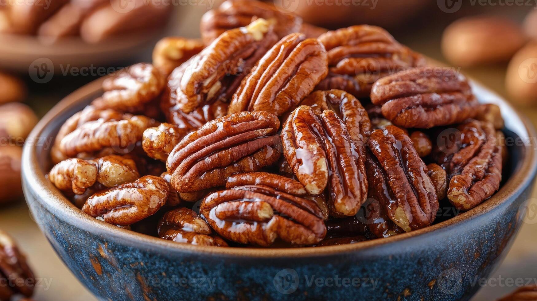 Bowl overflowing with delicious glazed pecans photo