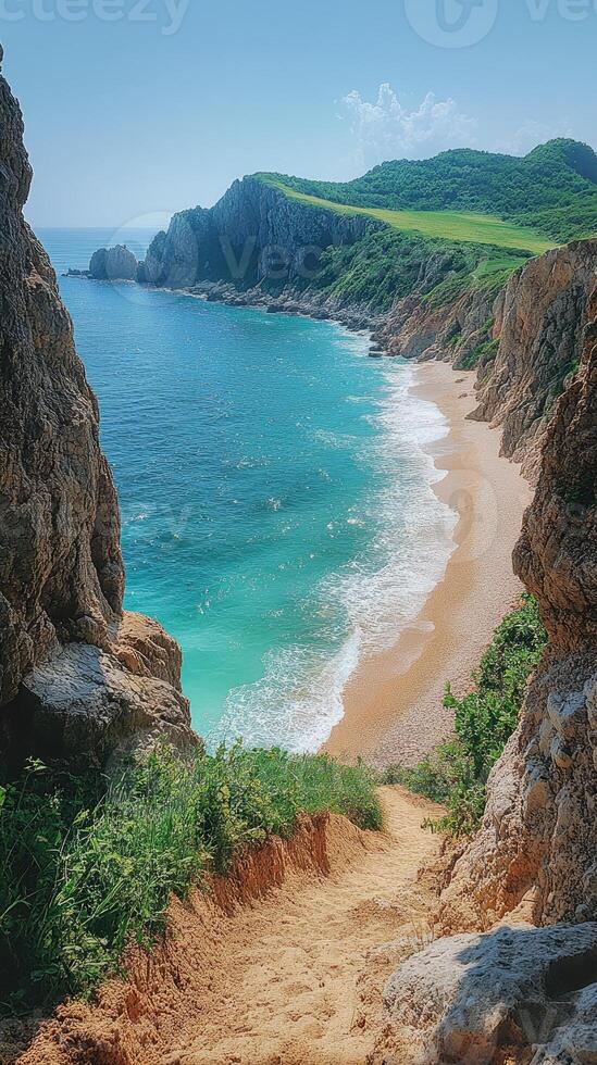 Turquoise water crashing on secluded beach below green cliffs photo