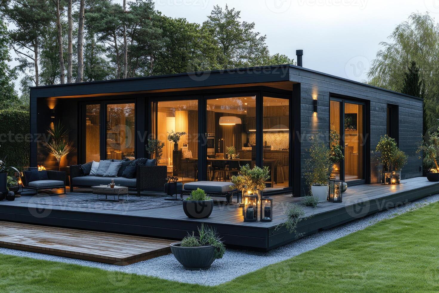 Modern tiny home with covered porch and landscaping photo
