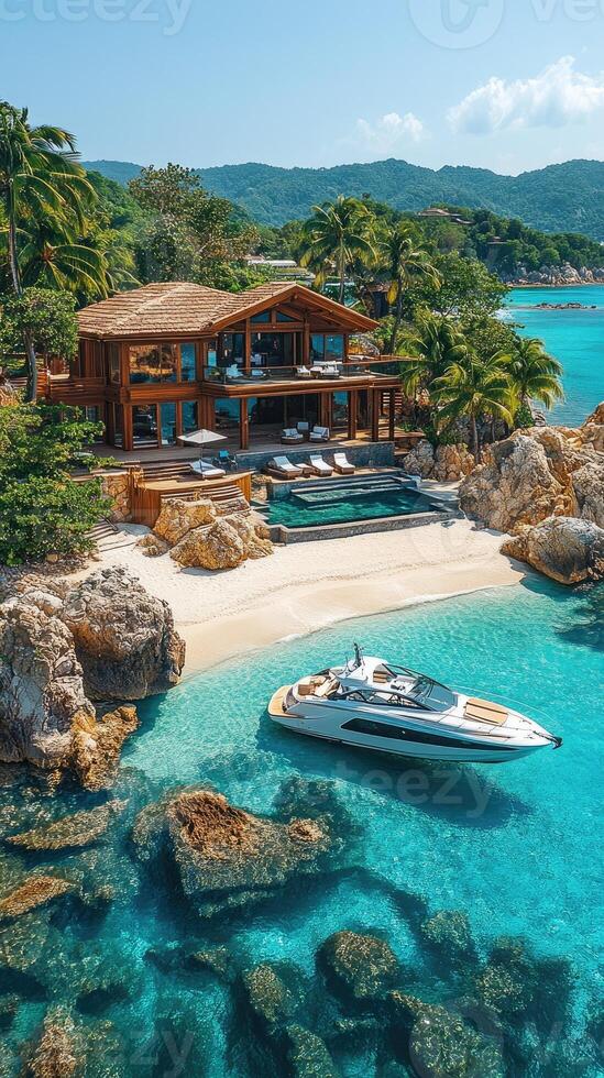 Luxurious wooden villa overlooking turquoise ocean waters in tropical paradise photo