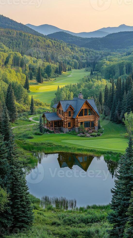 Luxurious log cabin reflecting in a serene mountain lake surrounded by forest photo