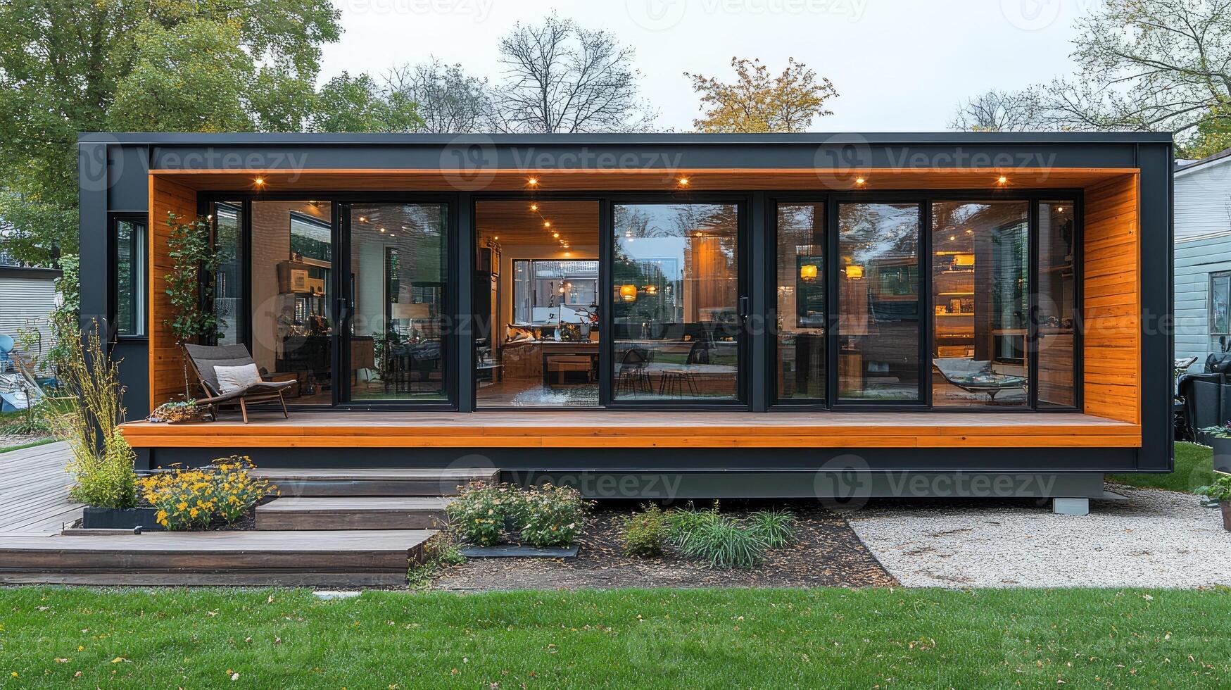 Modern tiny home with covered porch and landscaping photo