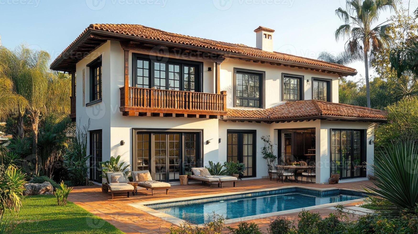 Beautiful mediterranean house with swimming pool is bathed in morning sunlight photo