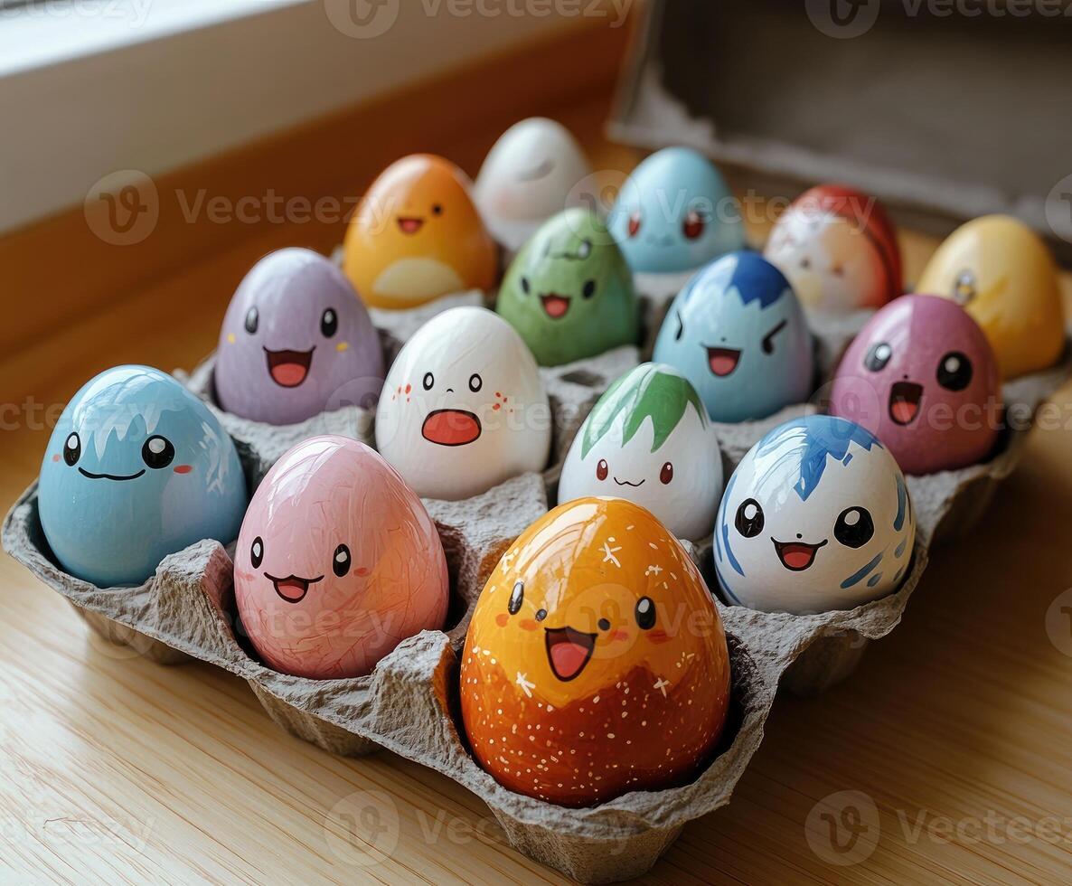 Colorful pokemon easter eggs resting in carton on bed of green moss photo